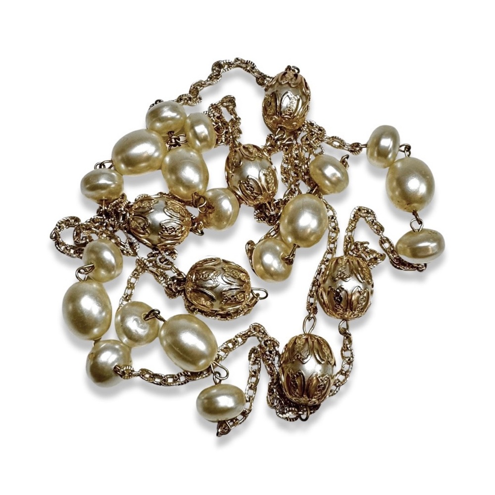 Vintage 70s Strand of Faux Pearls & Filigree Chain 25"